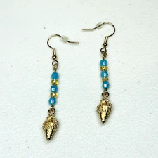Metal Seashell Dangle Beaded Earrings Blue Gold Tone Pierced Jewerly Beach Ocean