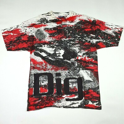 Vintage Spalding Volleyball All Over Print Size L Red Sports 90s AOP T Shirt 