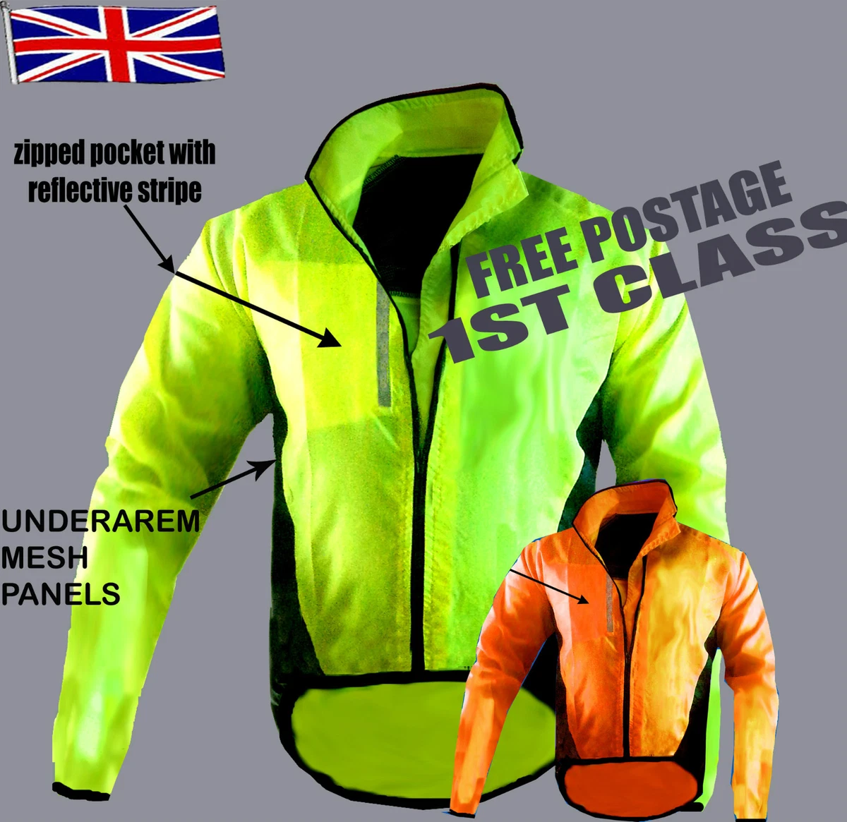 CYCLING JACKET Hi Viz HIGHLY VISIBLE WINDPROOF WATERPROOF BREATHABLE RIDING WALK