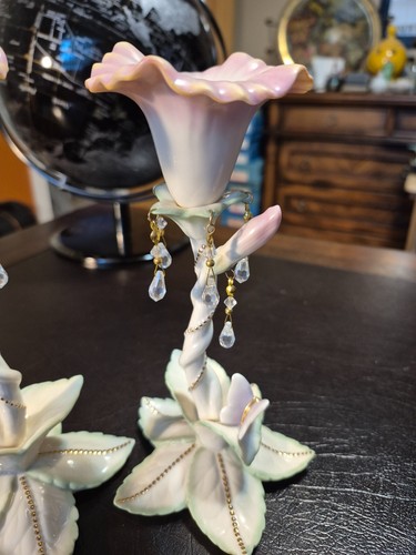 PAIR OF 2003 LENOX COLLECTION JEWELED MORNING GLORY CANDLESTICKS WHIMSICAL 7.5” - Picture 3 of 5