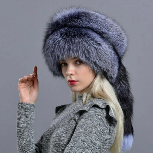 Women Fox Fur Trapper Hat Winter Natural Fur Hat with Tail