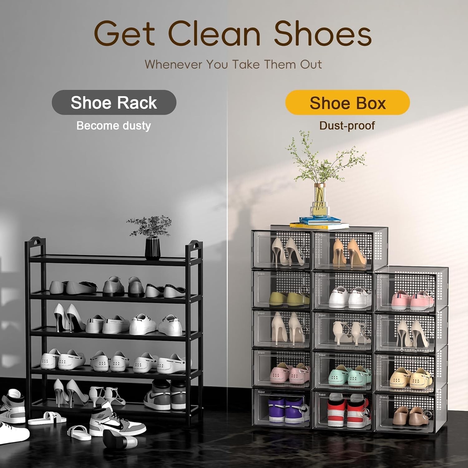 Large Shoe Organizers Storage Boxes for Closet 12 Pack Kuject Clear