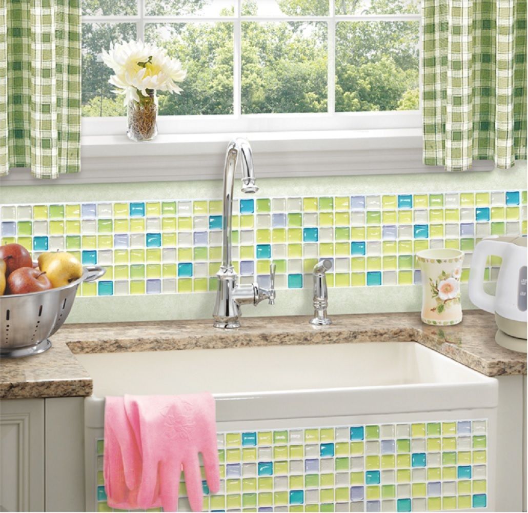 Beaustile Fresh Green Mosaic 3D Wall Stickers 2 Sheets Backsplash Wallpaper Home Decor Fire Retardant Bathroom Kitchen Diy (8804219003287)