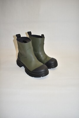 New! GANNI Women's Recycled Rubber Rain Boots Green Black Combat