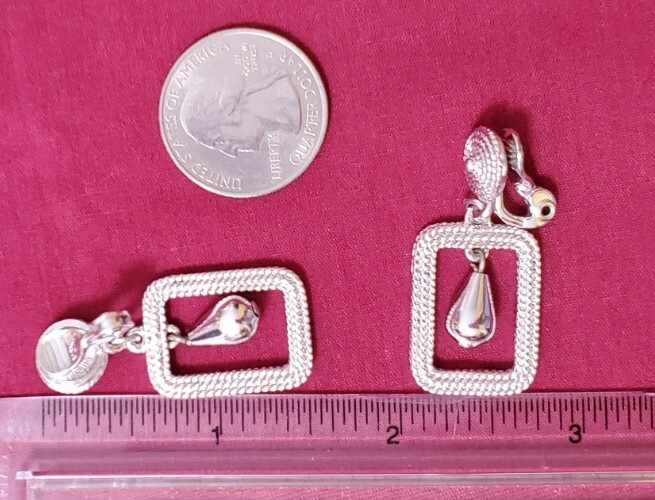 Monet Silvertone Rectangle Dangle Clip Earrings - image 3