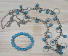 Southwestern Silver Tone Turquoise Chain Statement Necklace Stretch Bracelet Set