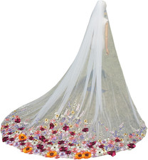 Colorful 3D Flowers Wedding Veil, Floral Outdoor Garden Wedding Veil, Elegant Br