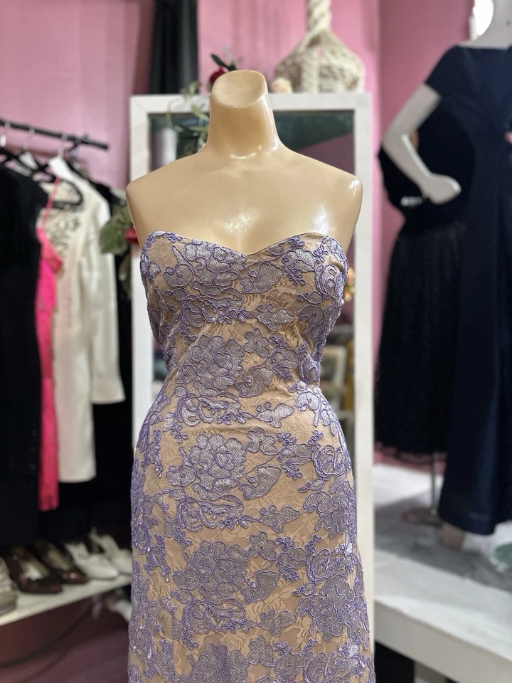 Maxi Vestido Púrpura Desnudo Bronceado Baile de graduación Formal Noche Tirantes Sirena Cola de Pescado Encaje 2X Foto 3 de 4