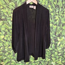 Chico s Travelers Black Open Front Jacket Cardigan Ruched Zip Cuff Size 1 M