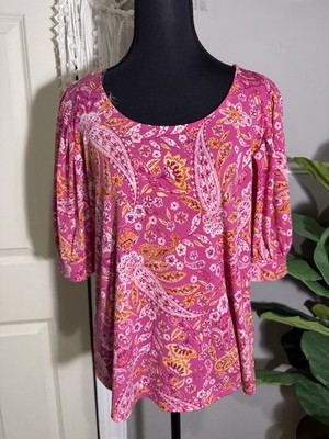CeCe Pink Paisley Scoop Neck blouse with Gold Accents size large 