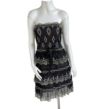 BCBG Maxazria 2 Tiered Lace Tulle Strappless Dress Ribbon Belt Black Formal Prom
