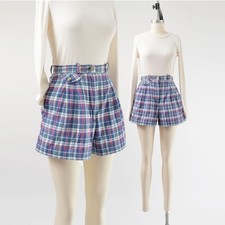 Vintage 90s Cotton Plaid Preppy High Waisted Pleated Shorts Blue White S M