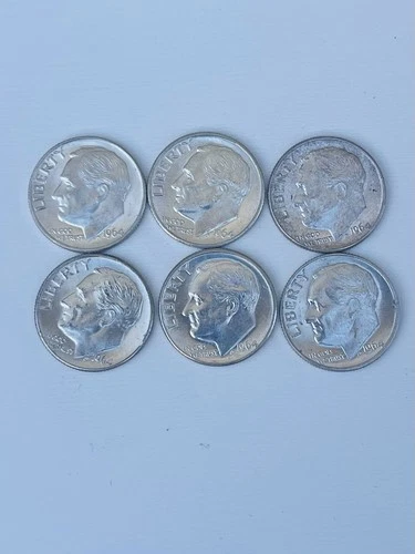 1964 D Roosevelt Dime Silver Bright and Lustrous Lot of 6,Uncirculated
