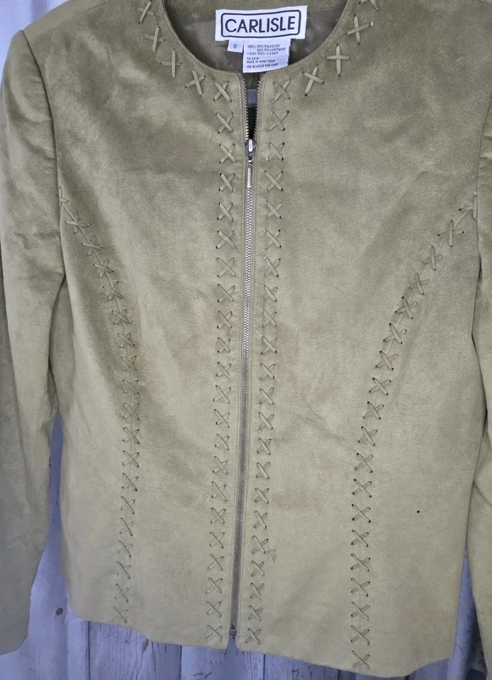 CARLISLE - Guante Chaqueta de Cuero Gamuza Suave en Verde Oliva Con Cordones RARA Talla 6 Foto 2 de 4