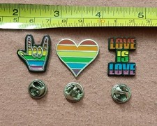 LGBTQ Pride 3 Hat Jacket Lapel Pin LOT Rainbow Love Is Love, Heart, Love Sign
