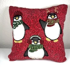 Beaded Penguin Christmas Holiday Throw Pillow, 12” Square