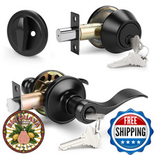 Probrico Front Door Entry Lever Lockset Single Cylinder Deadbolt Flat Black Keye