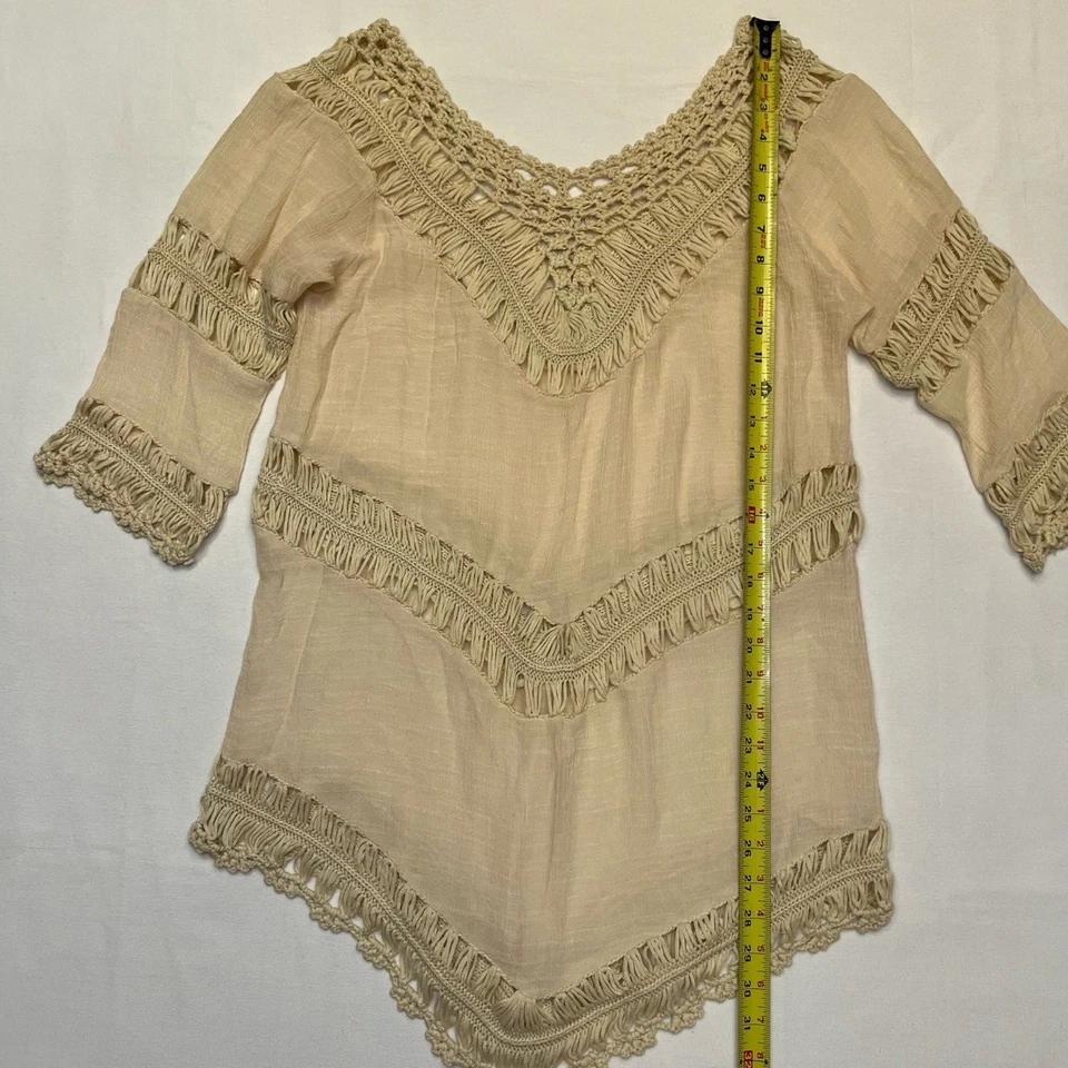 Blusa túnica bohemia crochet cuello en V manga 3/4 dobladillo asimétrico beige talla S Foto 4 de 4
