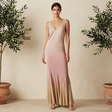 Amanda Wakeley Evening Glam Maxi Dress Beige Chiffon V-Neck Sleeveless Zip US 10