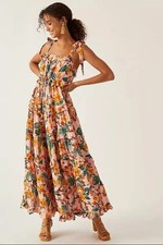 Anthropologie Farm Rio Square Neck Pink Combo Tiered Tie Strap Maxi Dress XS