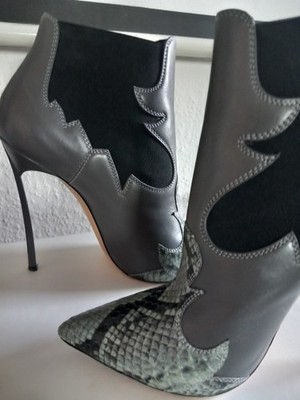 getragen Casadei High Heels NEU 895 ! Stiefelette Cowboy grau schwarz Snake 38,5