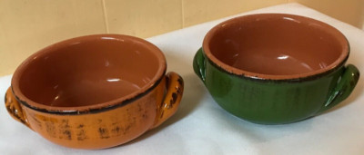 Lot 2 DE SILVA Terracotta Green Orange Baking Soup BOWLS w Handles Made In Italy