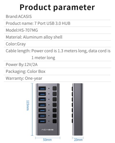Concentrador USB alimentado por ACASIS Multi puertos USB 3.0 Concentrador de datos/carga Conmutador individual de 12 V - Imagen 13 de 18