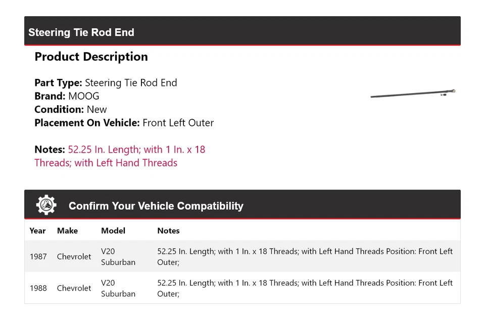 Para Chevrolet V20 Suburban 1987-1988 Barra de dirección Extremo Delantero Izquierdo Exterior MOOG Foto 2 de 4