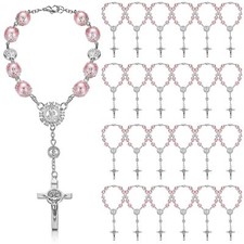 24 Pieces Baptism Rosary Pink Glass Rosary Beads Finger Baptism Rosaries Faux...