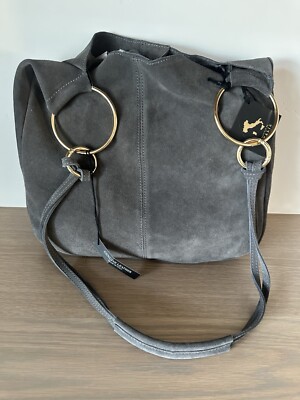 NWT Claudia Firenze Suede Crossbody Shoulder Bag Hobo GOLD RINGS Purse Grey