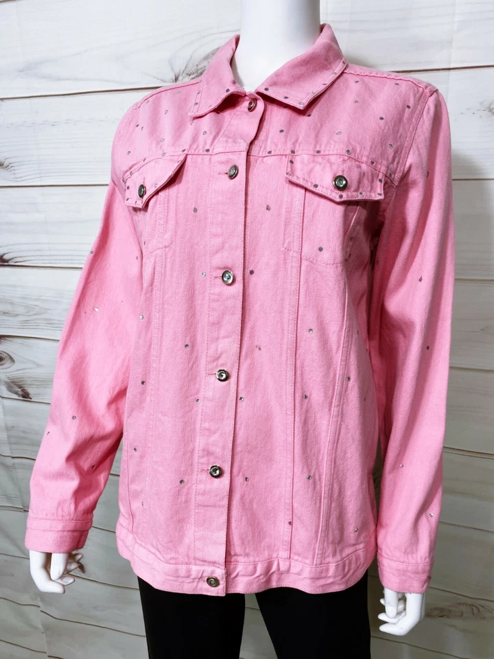 Quacker Factory Womens Denim Jacket Size M Pink Button Up Rhinestone 100% Cotton - Image 3 of 4