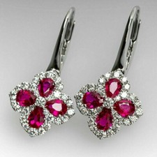 2 Ct Pear Cut Lab Created Pink Ruby Drop  Dangle Earrings 14k White Gold Finish