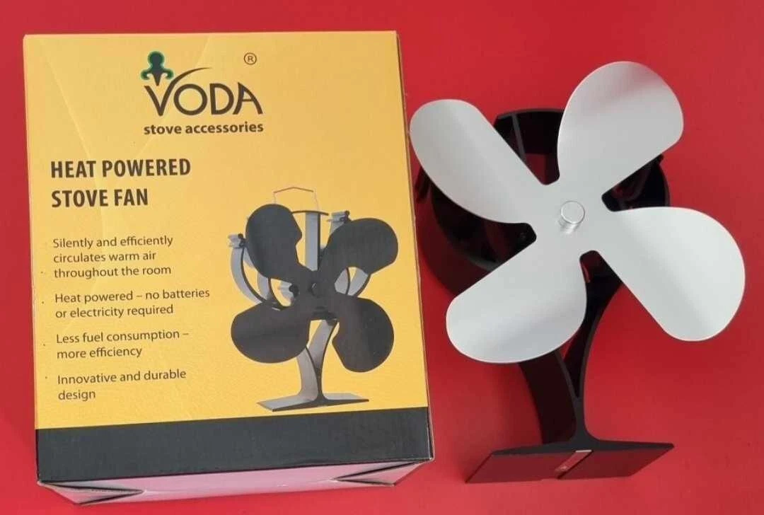 Voda Wood Stove Fan, 4 Blade Motors Heat Powered Stove Fan, Silver #C83 |  eBay