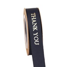10-Yard Spool 5/8-inch Black Metallic Gold Print "Thank You" Grosgrain Ribbon