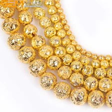 Round Metallic Coated Volcanic Lava Rock Loose Gold Beads Jewelry Making 15"