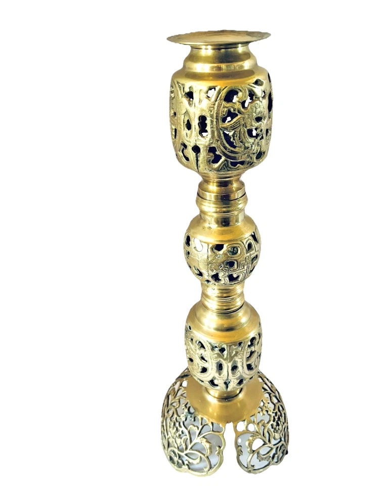Vintage Moroccan Solid Brass Filigree 24" Adjustable Altar Pillar Candle Holder - Image 4 of 4