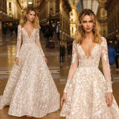 Hochzeitskleid V-Ausschnitt Langen Ärmeln ALinie Wunderschönes Hofzug-Brautkleid - Bild 1 von 4