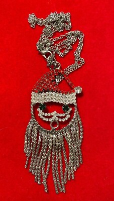 Vintage Weihnachtsmann Gesicht Grün Rot Strass Weihnachten Anhänger Halskette 9J