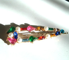 Vintage Colorful Rhinestone and Pearl Hair Clip Barrette 2.5"