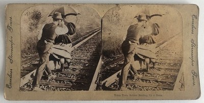 Texas Train Robber Holding Up A Train Stereoview Card Excelsior antique