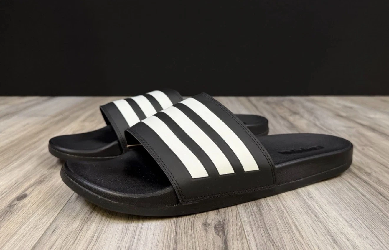 Adidas Adilette Comfort Slides Black White 3 Stripes Sandals GZ5891 Men 14 NEW