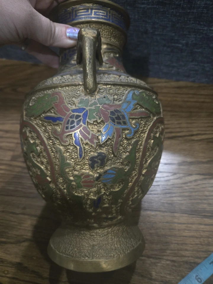Antique Japanese Brass-Enamel Champleve Floral Urn w/ Ornate Dragon Handles VGC - Image 4 of 4