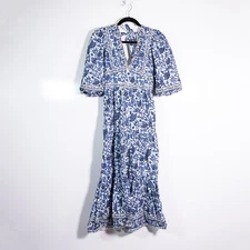 Love The Label Cotton V Neck Half Sleeve Tiered Blue White Print Maxi Dress XS