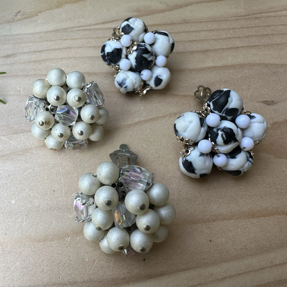 De colección 2 Pares Pendientes Flor 1" Clip Cuentas Imitación Perla Racimo Japón MCM Foto 2 de 4