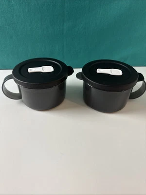 Tupperware Crystalwave Plus Soup Mug microwavable 2 cup / 500ml Black Set Of 2 !