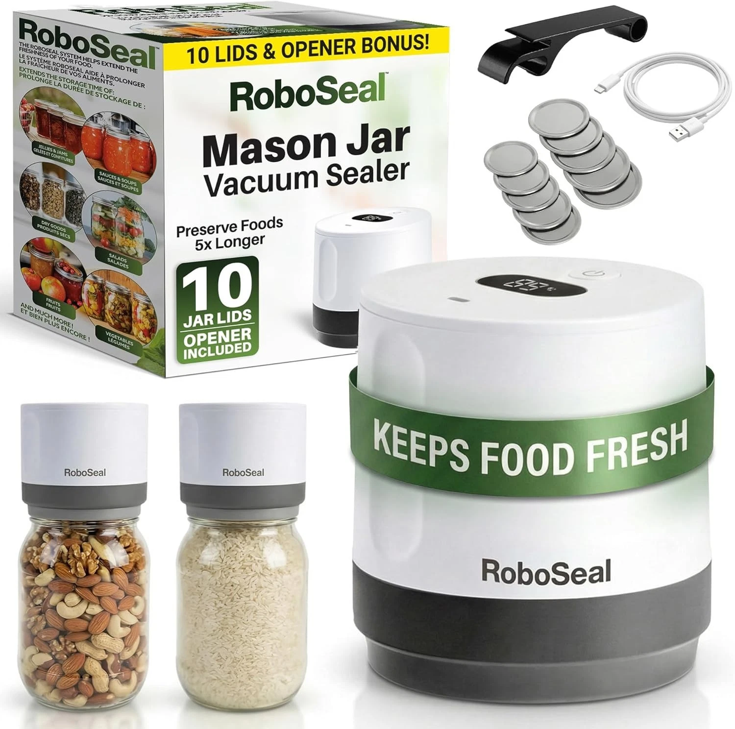 RoboSeal Electric Mason Jar Vacuum Sealer Kit W/ 10 Lids Works on Wide & Regular