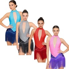 Women Jumpsuit Competition Dress Waist Bodysuit Stage Fringed Samba Dance Prom