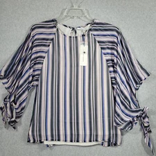 Collective Concepts Blouse Womens M Striped Lined 3/4 Sleeve Tie Cuff Flowy