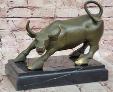 Aggressive Wall Street Bull Bronze Sculpture on Marble Stand Signed Fisher