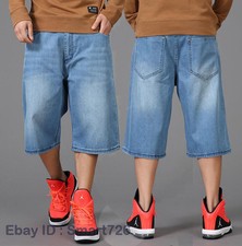 Mens Hip Hop Baggy Loose Fit Skater Denim Shorts Pants Streetwear Jeans